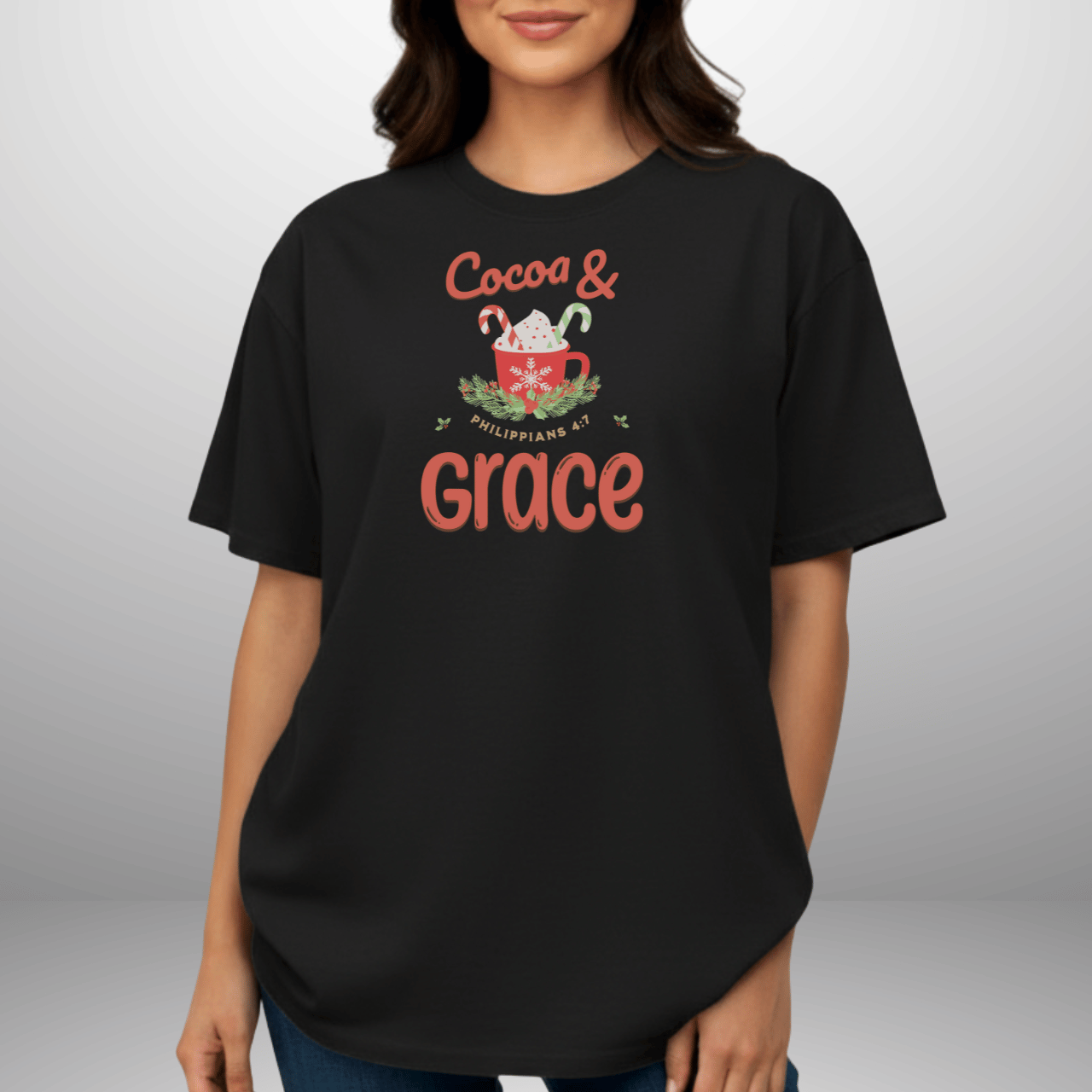Cocoa & Grace Christmas Shirt | Philippians 4:7 Bible Verse | Comfort Colors Tee | Christian Holiday T-Shirt | Faith Christmas Graphic Tee