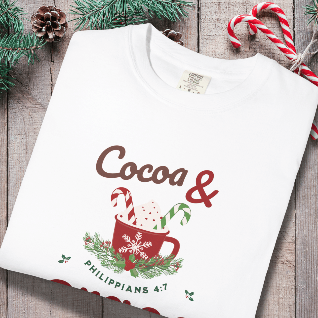 Cocoa & Grace Christmas Shirt | Philippians 4:7 Bible Verse | Comfort Colors Tee | Christian Holiday T-Shirt | Faith Christmas Graphic Tee