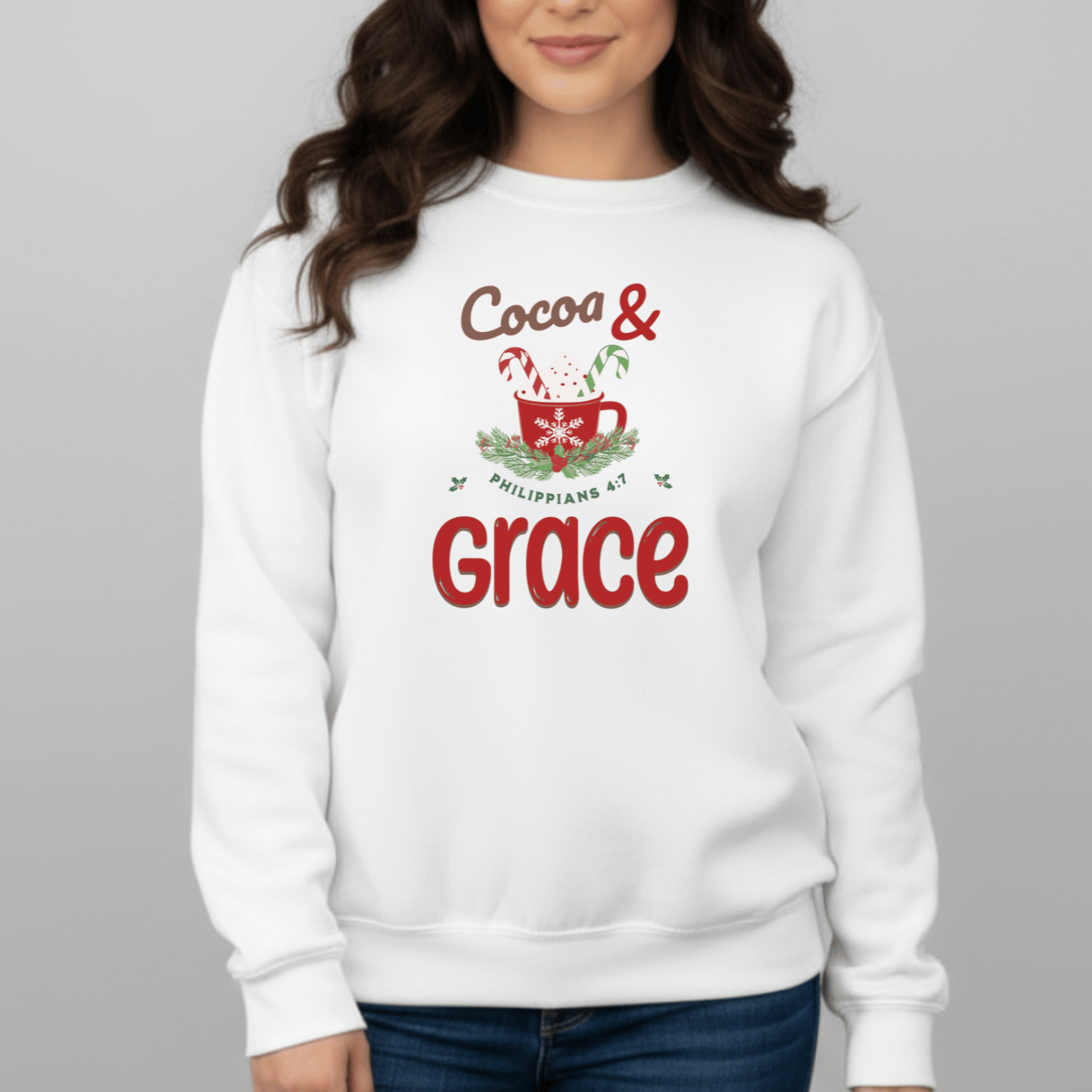 Cocoa & Grace Sweatshirt | Philippians 4:7 Christian Christmas Sweater | Gildan 18000 Faith Holiday Crewneck | Cozy Winter Bible Verse