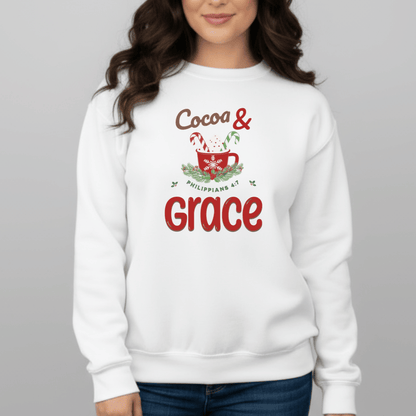 Cocoa & Grace Sweatshirt | Philippians 4:7 Christian Christmas Sweater | Gildan 18000 Faith Holiday Crewneck | Cozy Winter Bible Verse