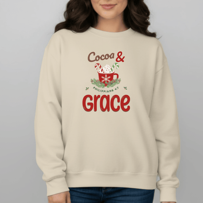 Cocoa & Grace Sweatshirt | Philippians 4:7 Christian Christmas Sweater | Gildan 18000 Faith Holiday Crewneck | Cozy Winter Bible Verse