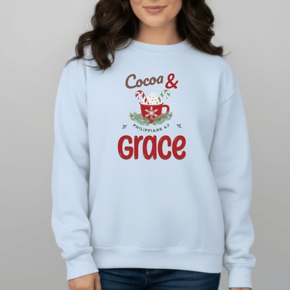 Cocoa & Grace Sweatshirt | Philippians 4:7 Christian Christmas Sweater | Gildan 18000 Faith Holiday Crewneck | Cozy Winter Bible Verse