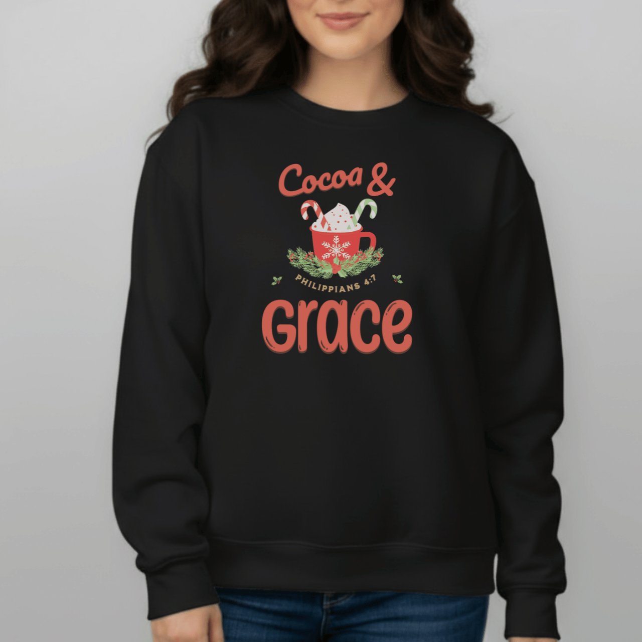Cocoa & Grace Sweatshirt | Philippians 4:7 Christian Christmas Sweater | Gildan 18000 Faith Holiday Crewneck | Cozy Winter Bible Verse