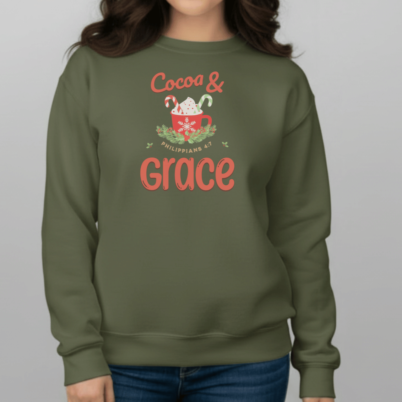 Cocoa & Grace Sweatshirt | Philippians 4:7 Christian Christmas Sweater | Gildan 18000 Faith Holiday Crewneck | Cozy Winter Bible Verse