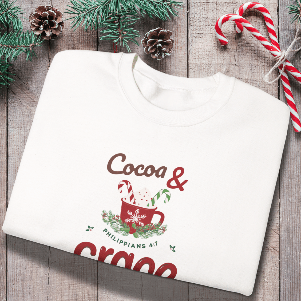 Cocoa & Grace Sweatshirt | Philippians 4:7 Christian Christmas Sweater | Gildan 18000 Faith Holiday Crewneck | Cozy Winter Bible Verse