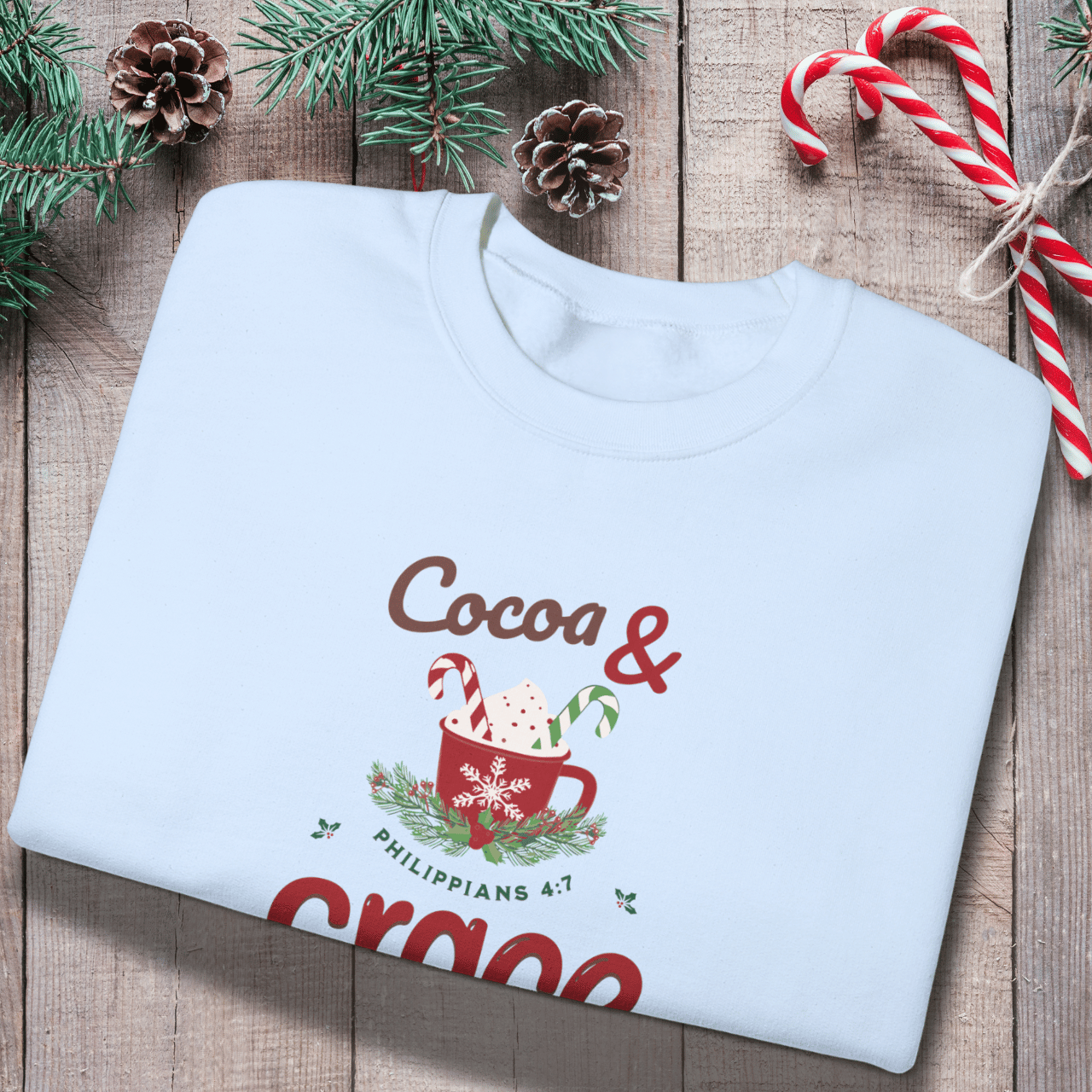 Cocoa & Grace Sweatshirt | Philippians 4:7 Christian Christmas Sweater | Gildan 18000 Faith Holiday Crewneck | Cozy Winter Bible Verse