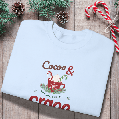 Cocoa & Grace Sweatshirt | Philippians 4:7 Christian Christmas Sweater | Gildan 18000 Faith Holiday Crewneck | Cozy Winter Bible Verse