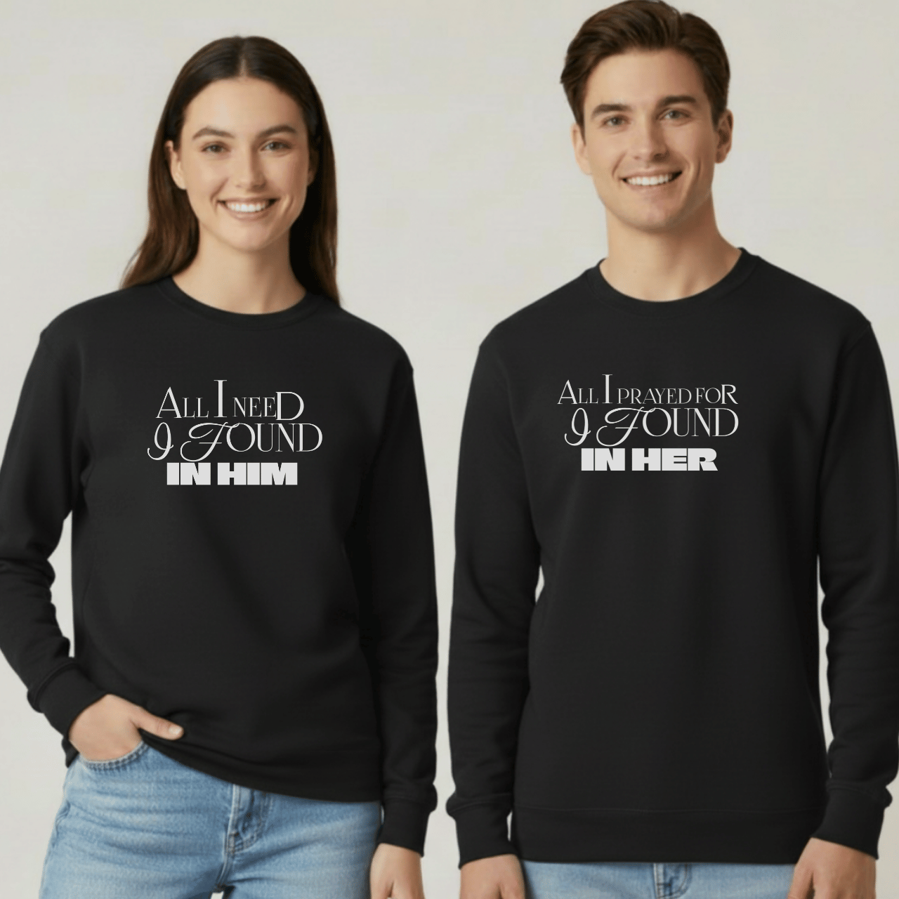 All I Prayed For I Found in Her Sweatshirt | Christian Couples Sweater for Him | Gildan 18000 | Faith-Based Matching His & Hers Gift