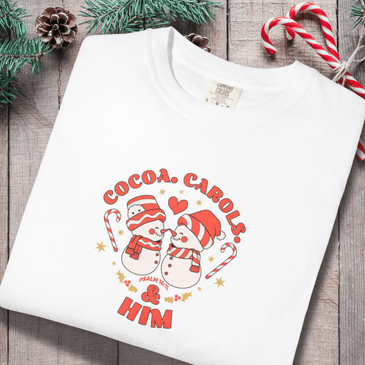 Cocoa Carols & Him Shirt | Comfort Colors 1717 | Matching Couples Christmas Tees | Holiday Christian Gift for Her | Cozy Winter Tee