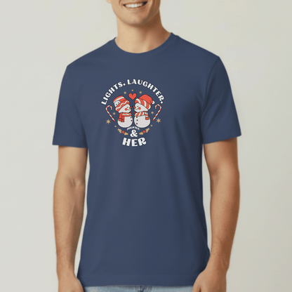 Lights Laughter & Her Tee | Matching Couples Christmas Shirts | Comfort Colors 1717 | Holiday Christian Gift for Him | Winter Couples Outfit