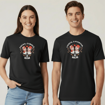 Lights Laughter & Her Tee | Matching Couples Christmas Shirts | Comfort Colors 1717 | Holiday Christian Gift for Him | Winter Couples Outfit