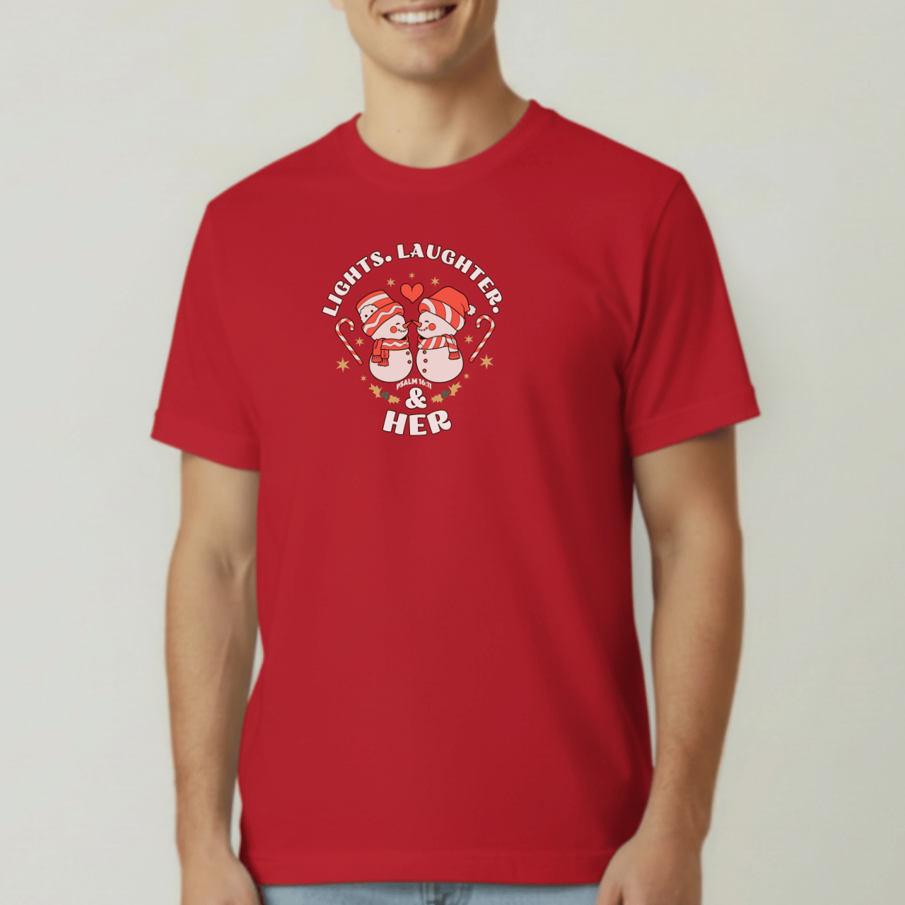 Lights Laughter & Her Tee | Matching Couples Christmas Shirts | Comfort Colors 1717 | Holiday Christian Gift for Him | Winter Couples Outfit