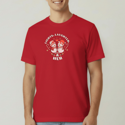 Lights Laughter & Her Tee | Matching Couples Christmas Shirts | Comfort Colors 1717 | Holiday Christian Gift for Him | Winter Couples Outfit