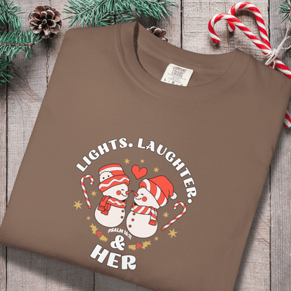 Lights Laughter & Her Tee | Matching Couples Christmas Shirts | Comfort Colors 1717 | Holiday Christian Gift for Him | Winter Couples Outfit