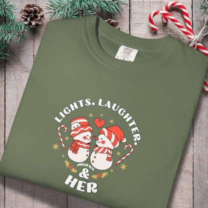 Lights Laughter & Her Tee | Matching Couples Christmas Shirts | Comfort Colors 1717 | Holiday Christian Gift for Him | Winter Couples Outfit