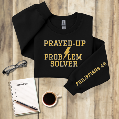 Prayed-Up Problem Solver Retro Varsity w/Bible Sleeve Verse Philippians 4:6 Men Women Sweatshirt — Christian Teacher • Gildan 18000