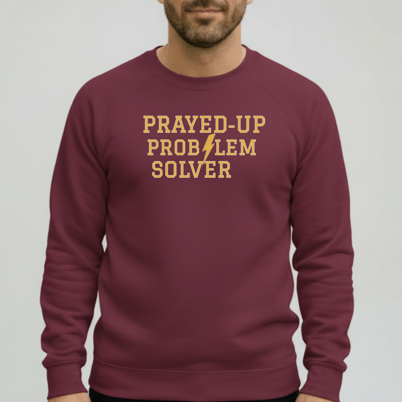 Prayed-Up Problem Solver Retro Varsity w/Bible Sleeve Verse Philippians 4:6 Men Women Sweatshirt — Christian Teacher • Gildan 18000