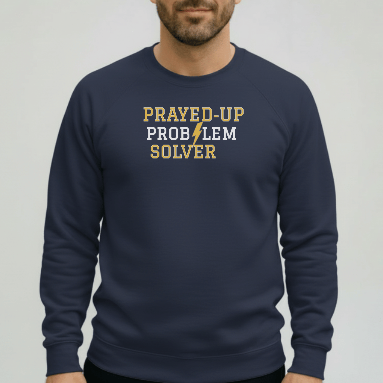 Prayed-Up Problem Solver Retro Varsity w/Bible Sleeve Verse Philippians 4:6 Sweatshirt Unisex — Christian Teacher • Gildan 18000