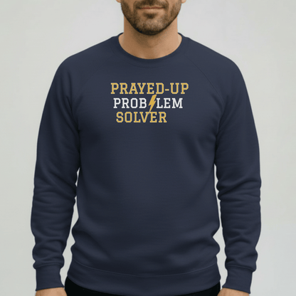 Prayed-Up Problem Solver Retro Varsity w/Bible Sleeve Verse Philippians 4:6 Sweatshirt Unisex — Christian Teacher • Gildan 18000