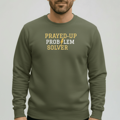 Prayed-Up Problem Solver Retro Varsity w/Bible Sleeve Verse Philippians 4:6 Sweatshirt Unisex — Christian Teacher • Gildan 18000