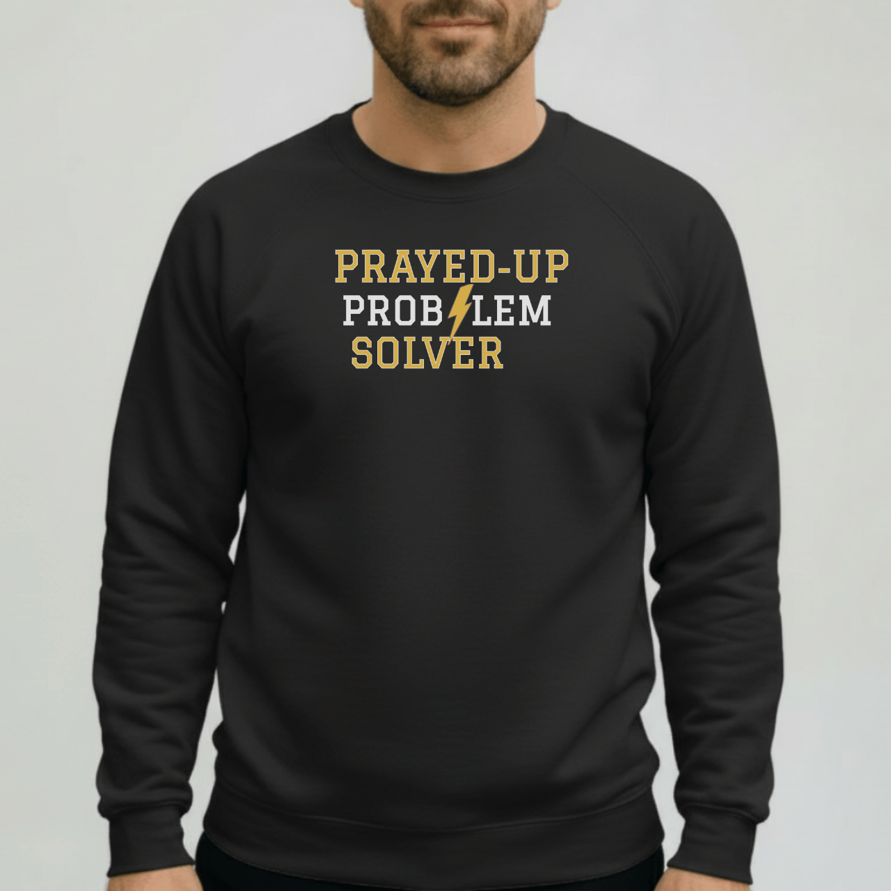 Prayed-Up Problem Solver Retro Varsity w/Bible Sleeve Verse Philippians 4:6 Sweatshirt Unisex — Christian Teacher • Gildan 18000