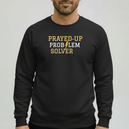 Prayed-Up Problem Solver Retro Varsity w/Bible Sleeve Verse Philippians 4:6 Sweatshirt Unisex — Christian Teacher • Gildan 18000