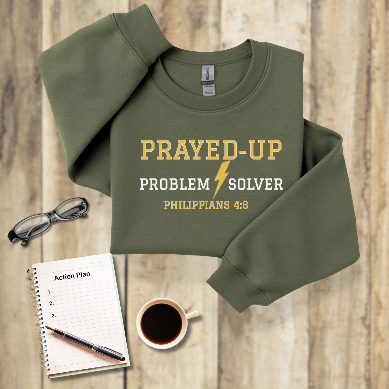 Prayed-Up Problem Solver Retro Varsity w/Bible Sleeve Verse Philippians 4:6 Sweatshirt Unisex — Christian Teacher • Gildan 18000