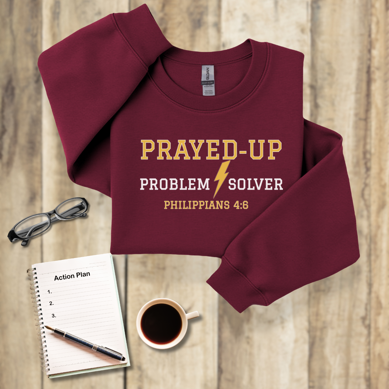 Prayed-Up Problem Solver Retro Varsity w/Bible Sleeve Verse Philippians 4:6 Sweatshirt Unisex — Christian Teacher • Gildan 18000