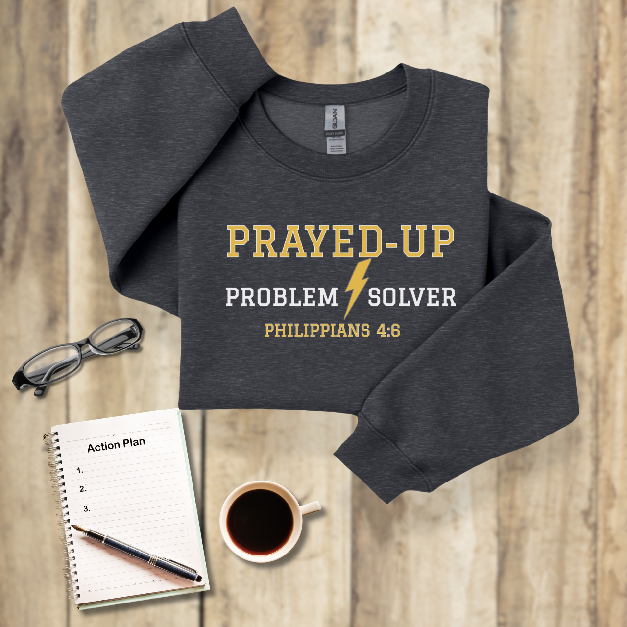 Prayed-Up Problem Solver Retro Varsity w/Bible Sleeve Verse Philippians 4:6 Sweatshirt Unisex — Christian Teacher • Gildan 18000