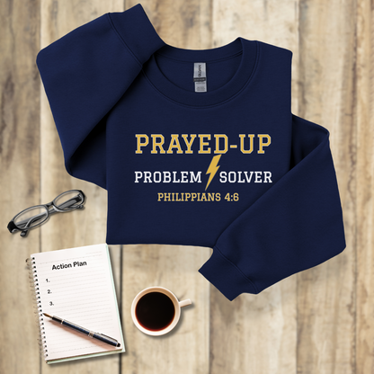Prayed-Up Problem Solver Retro Varsity w/Bible Sleeve Verse Philippians 4:6 Sweatshirt Unisex — Christian Teacher • Gildan 18000
