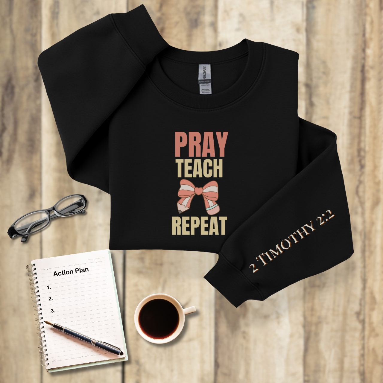 Pray Teach Repeat  w/ Bible Sleeve Verse (2 Timothy 2:2) Christian Sweatshirt • Pastel Bow & Pencil Graphic • Gildan 18000 • Back to School