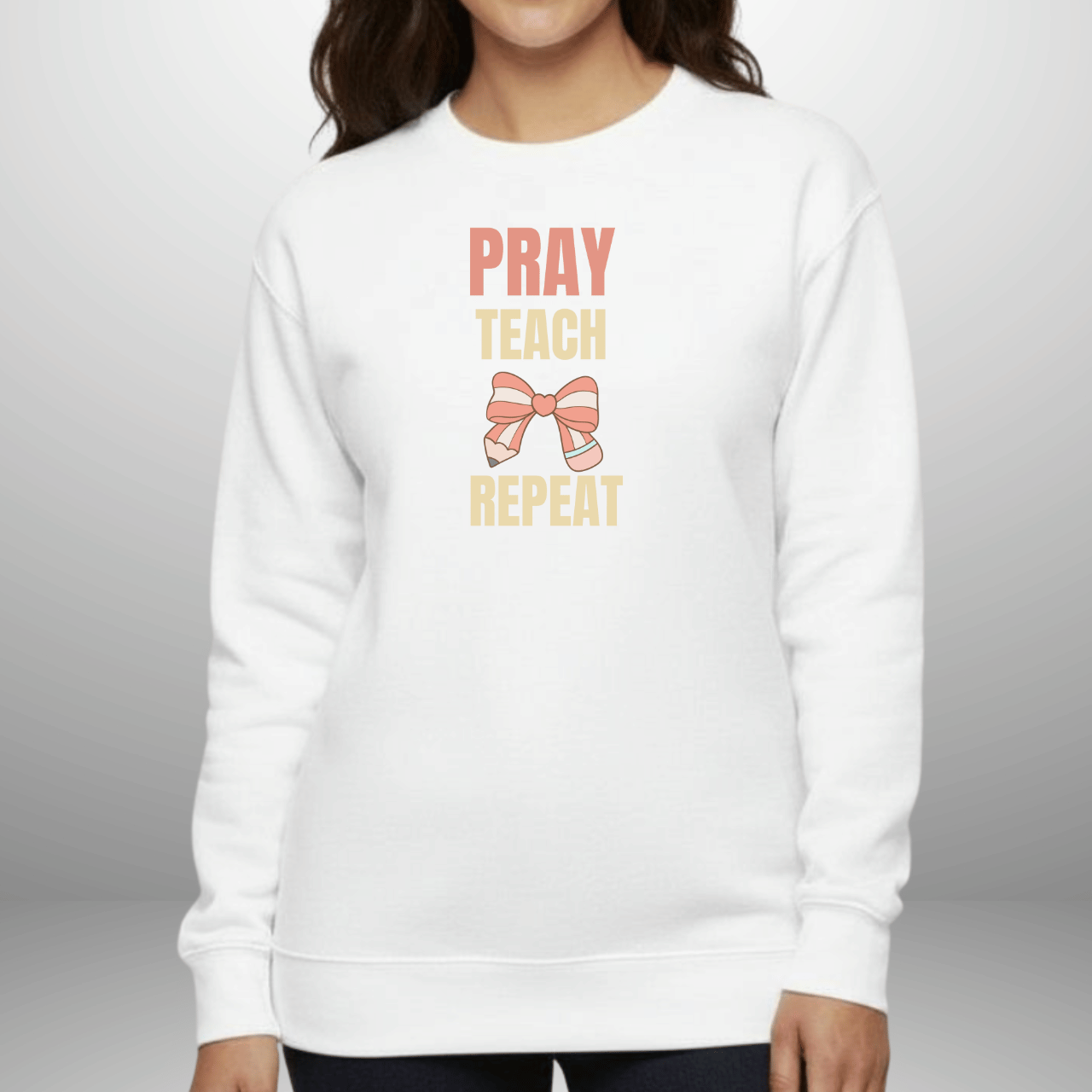 Pray Teach Repeat  w/ Bible Sleeve Verse (2 Timothy 2:2) Christian Sweatshirt • Pastel Bow & Pencil Graphic • Gildan 18000 • Back to School