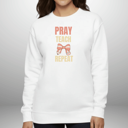 Pray Teach Repeat  w/ Bible Sleeve Verse (2 Timothy 2:2) Christian Sweatshirt • Pastel Bow & Pencil Graphic • Gildan 18000 • Back to School