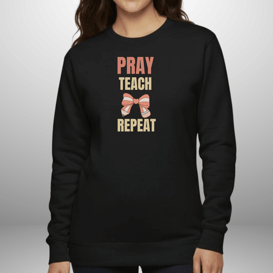 Pray Teach Repeat  w/ Bible Sleeve Verse (2 Timothy 2:2) Christian Sweatshirt • Pastel Bow & Pencil Graphic • Gildan 18000 • Back to School