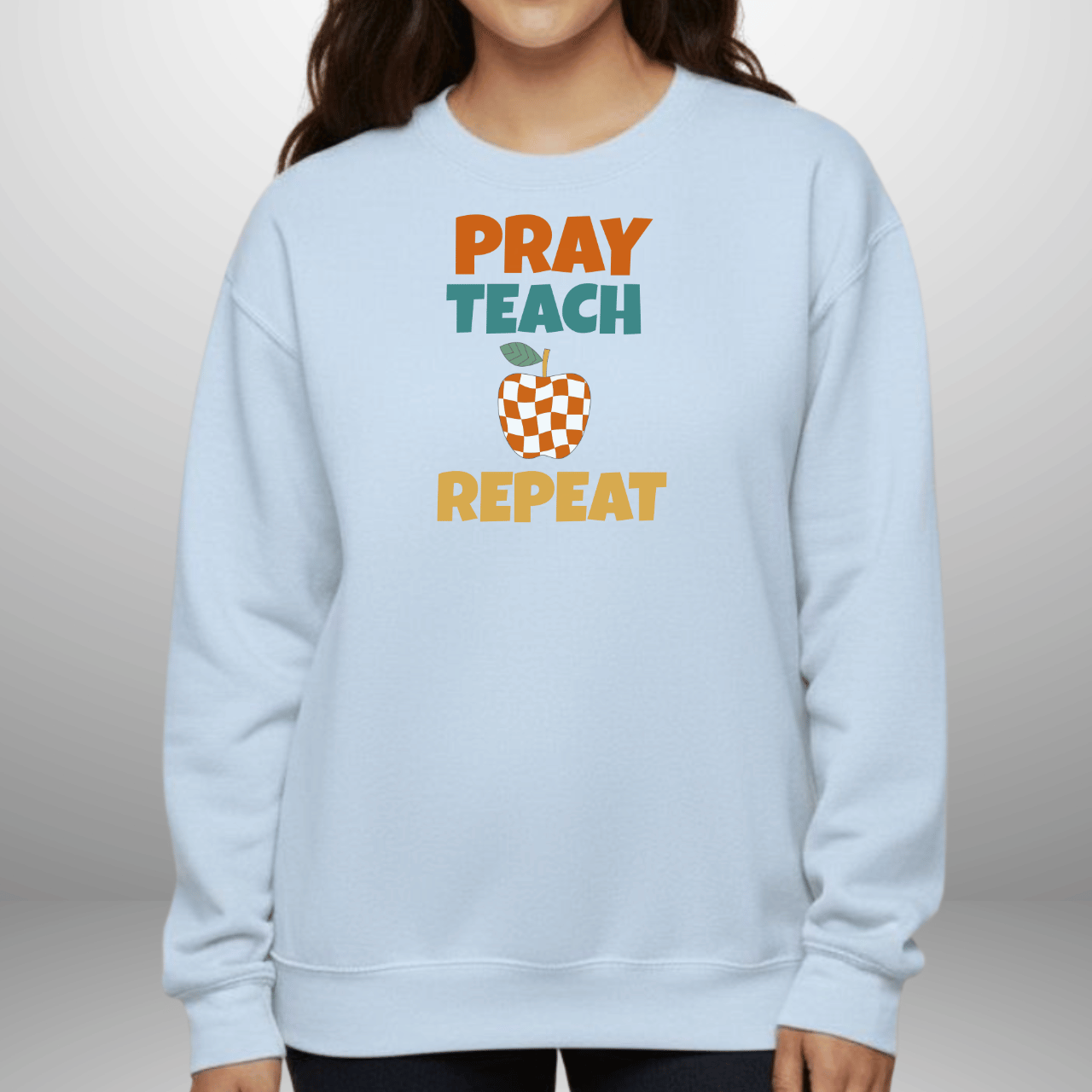 Pray Teach Repeat w/ Bible Sleeve Verse (2 Timothy 2:2) Christian Teacher Sweatshirt• Checker Apple • Gildan 18000 • Back to School