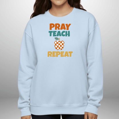Pray Teach Repeat w/ Bible Sleeve Verse (2 Timothy 2:2) Christian Teacher Sweatshirt• Checker Apple • Gildan 18000 • Back to School