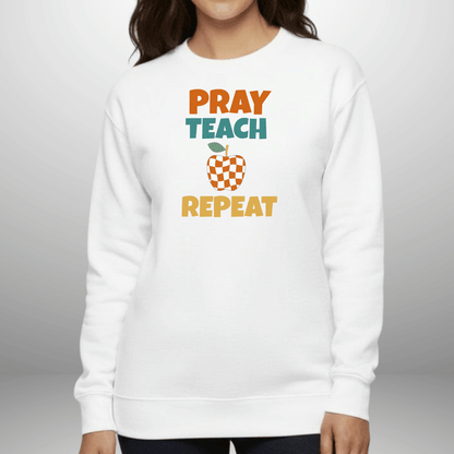 Pray Teach Repeat w/ Bible Sleeve Verse (2 Timothy 2:2) Christian Teacher Sweatshirt• Checker Apple • Gildan 18000 • Back to School