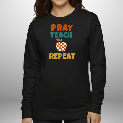Pray Teach Repeat w/ Bible Sleeve Verse (2 Timothy 2:2) Christian Teacher Sweatshirt• Checker Apple • Gildan 18000 • Back to School