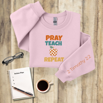 Pray Teach Repeat w/ Bible Sleeve Verse (2 Timothy 2:2) Christian Teacher Sweatshirt• Checker Apple • Gildan 18000 • Back to School