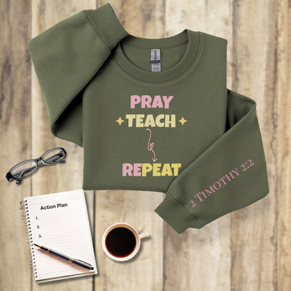 Pray Teach Repeat w/Bible Sleeve Verse (2 Timothy 2:2) • Christian Teacher Sweatshirt • Stars Accent • Gildan 18000