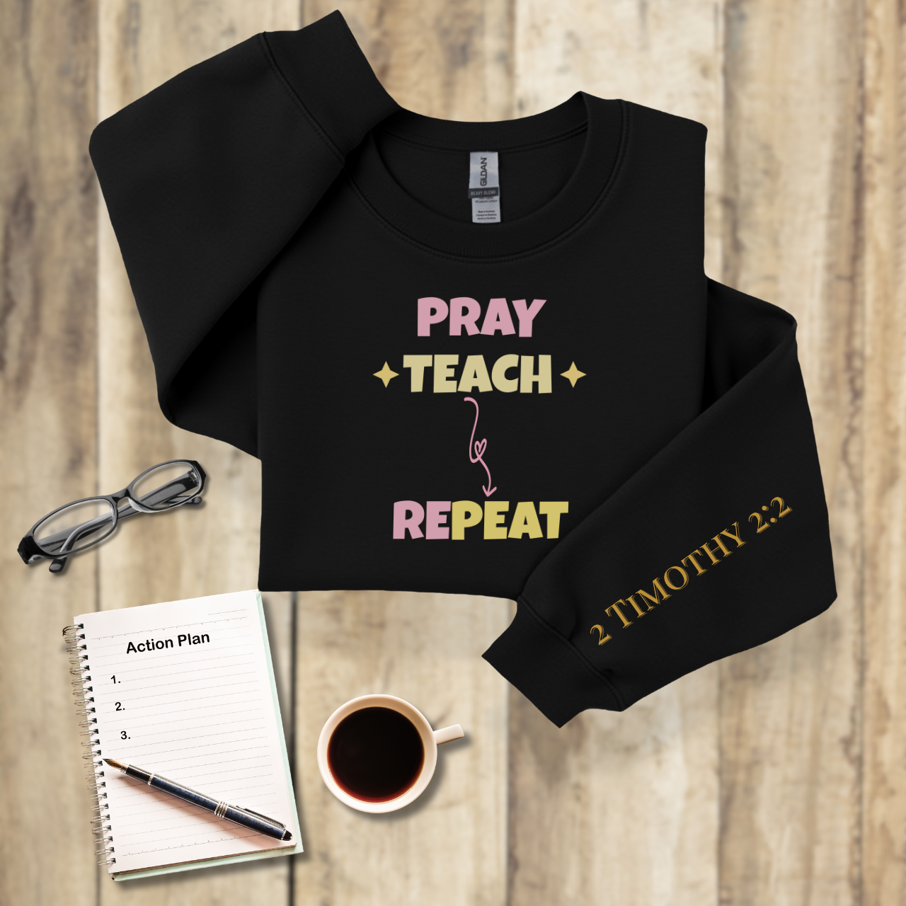 Pray Teach Repeat w/Bible Sleeve Verse (2 Timothy 2:2) • Christian Teacher Sweatshirt • Stars Accent • Gildan 18000