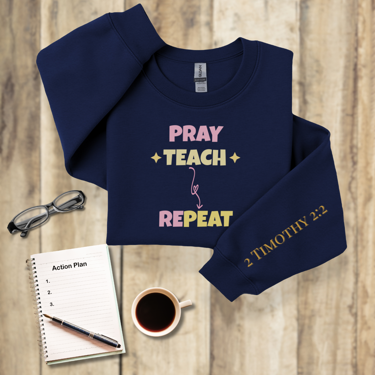 Pray Teach Repeat w/Bible Sleeve Verse (2 Timothy 2:2) • Christian Teacher Sweatshirt • Stars Accent • Gildan 18000