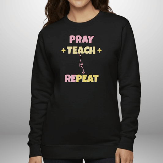 Pray Teach Repeat w/Bible Sleeve Verse (2 Timothy 2:2) • Christian Teacher Sweatshirt • Stars Accent • Gildan 18000