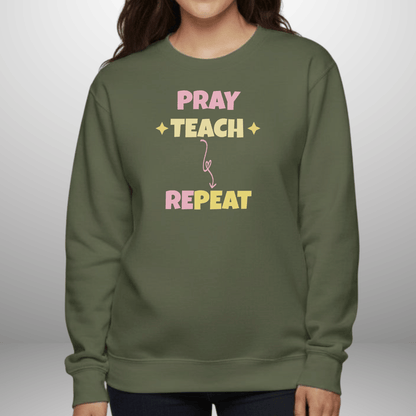 Pray Teach Repeat w/Bible Sleeve Verse (2 Timothy 2:2) • Christian Teacher Sweatshirt • Stars Accent • Gildan 18000
