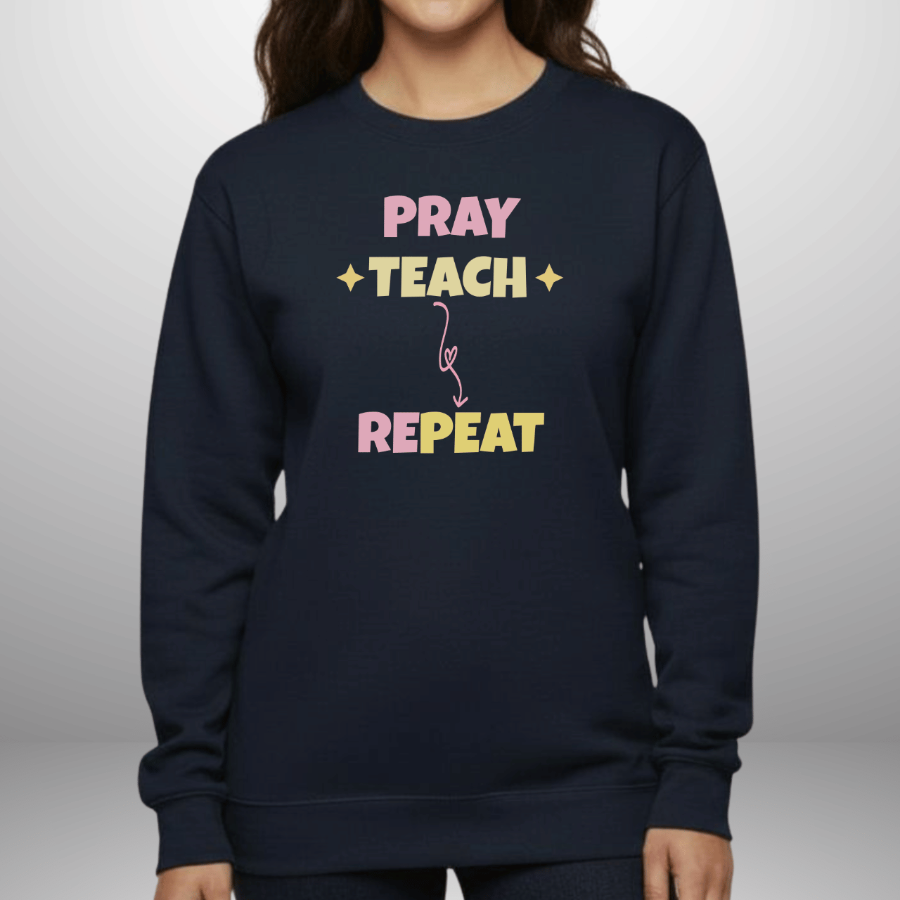 Pray Teach Repeat w/Bible Sleeve Verse (2 Timothy 2:2) • Christian Teacher Sweatshirt • Stars Accent • Gildan 18000