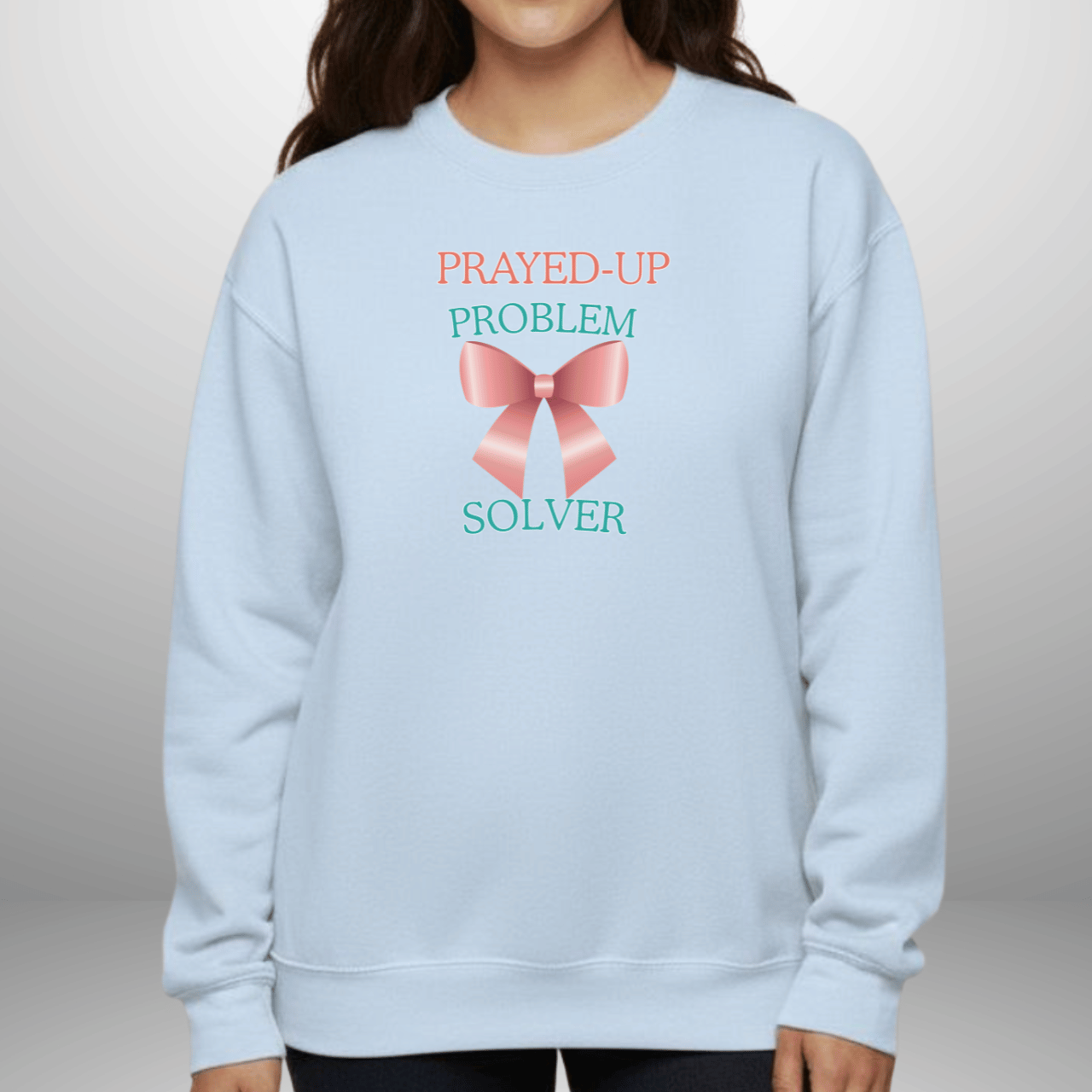 Prayed-Up Problem Solver Croquette Bow w/ Bible Sleeve Verse (2 Timothy 2:2) Christian Teacher Sweatshirt  • Gildan 18000 Unisex Fleece • Solid Satin Back to School