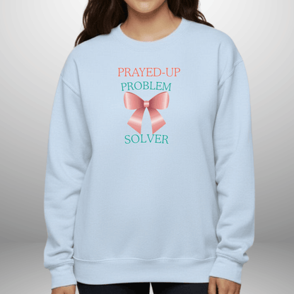 Prayed-Up Problem Solver Croquette Bow w/ Bible Sleeve Verse (2 Timothy 2:2) Christian Teacher Sweatshirt  • Gildan 18000 Unisex Fleece • Solid Satin Back to School