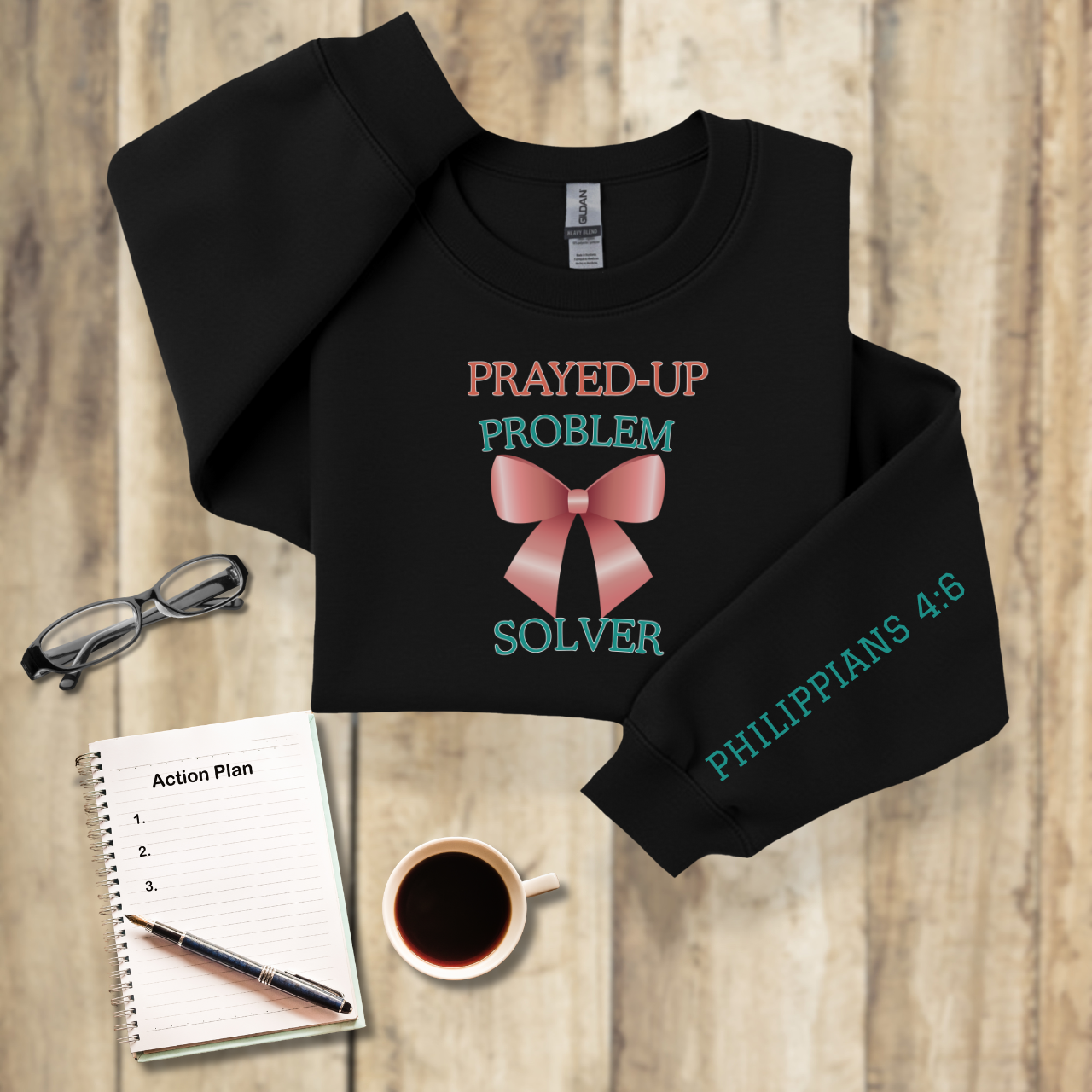 Prayed-Up Problem Solver Croquette Bow w/ Bible Sleeve Verse (2 Timothy 2:2) Christian Teacher Sweatshirt  • Gildan 18000 Unisex Fleece • Solid Satin Back to School