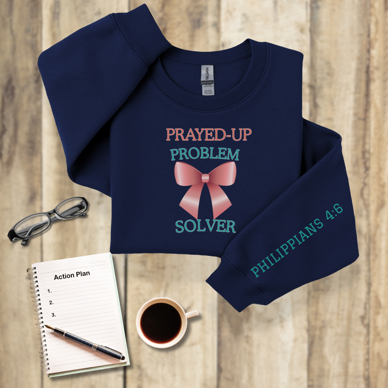Prayed-Up Problem Solver Croquette Bow w/ Bible Sleeve Verse (2 Timothy 2:2) Christian Teacher Sweatshirt  • Gildan 18000 Unisex Fleece • Solid Satin Back to School