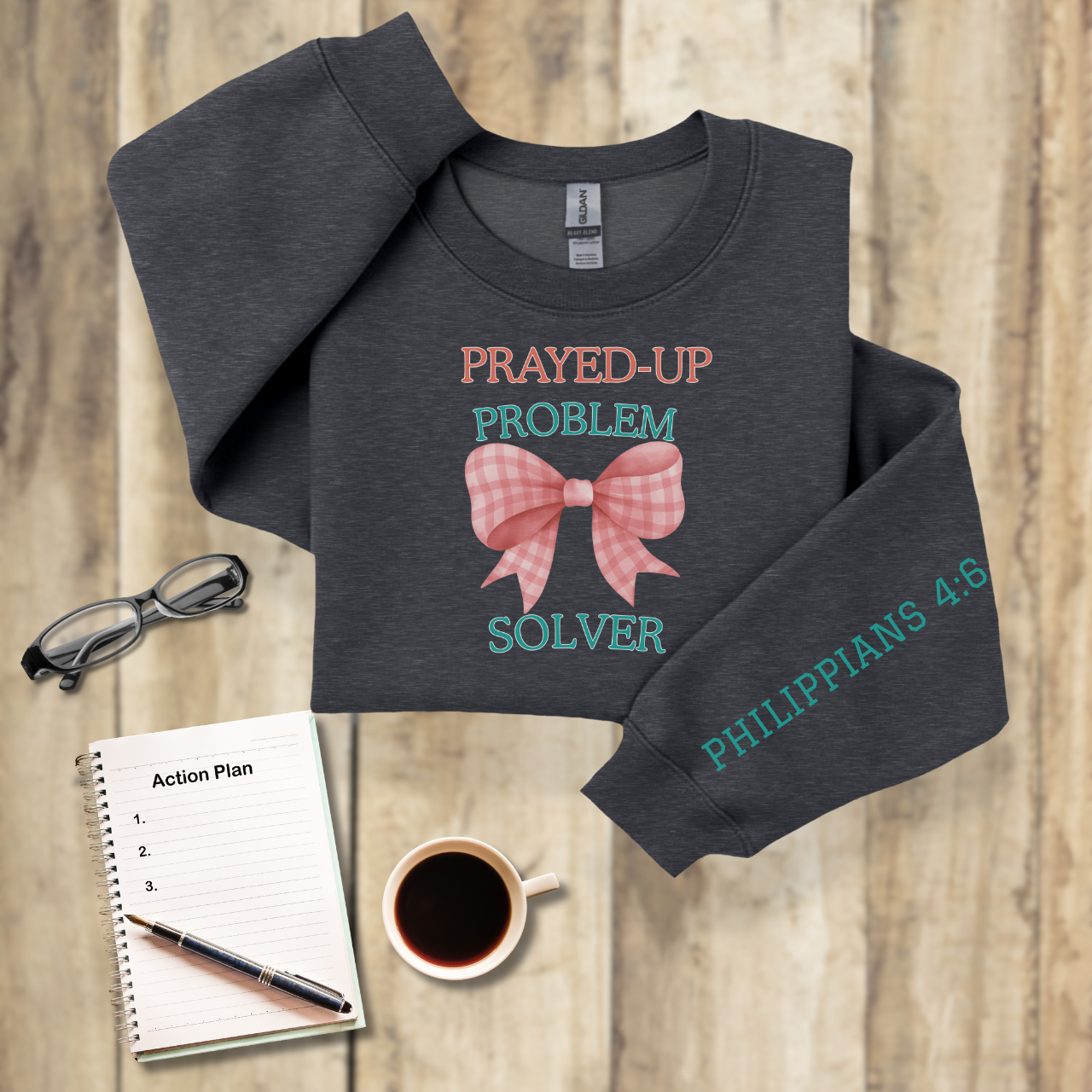 Prayed-Up Problem Solver Gingham Bow Christian Sweatshirt w/ Bible Sleeve Verse (2 Timothy 2:2) • Gildan 18000 • Back to School